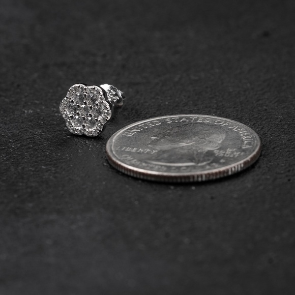 Mens White Gold Iced Cluster Flower Sterling Silver Stud Screw Back Earrings - Picture 4 of 5